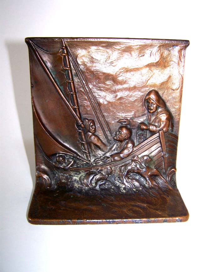 A Charming Pair of Antique Bronze Bookends circa 1925 depicting four fisherman in a boat — image 2